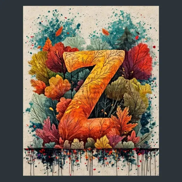 A square metal art print featuring a large stylized letter Z filled with autumn leaf textures in orange, red, yellow, and green, surrounded by colorful watercolor foliage on a cream background with paint splatters and drips at the bottom.