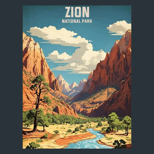 A stylized metal print travel poster of Zion National Park featuring orange-red rock cliffs, a winding blue river, green trees, and white clouds under a blue sky, with the text &