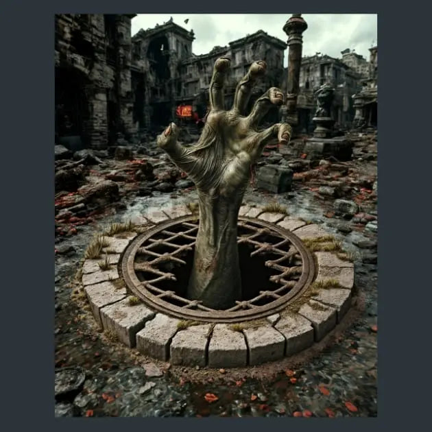 A surreal scene of a image of metal print of weathered stone hand rising from a circular stone well in a ruined city, with dilapidated buildings and debris in the background.