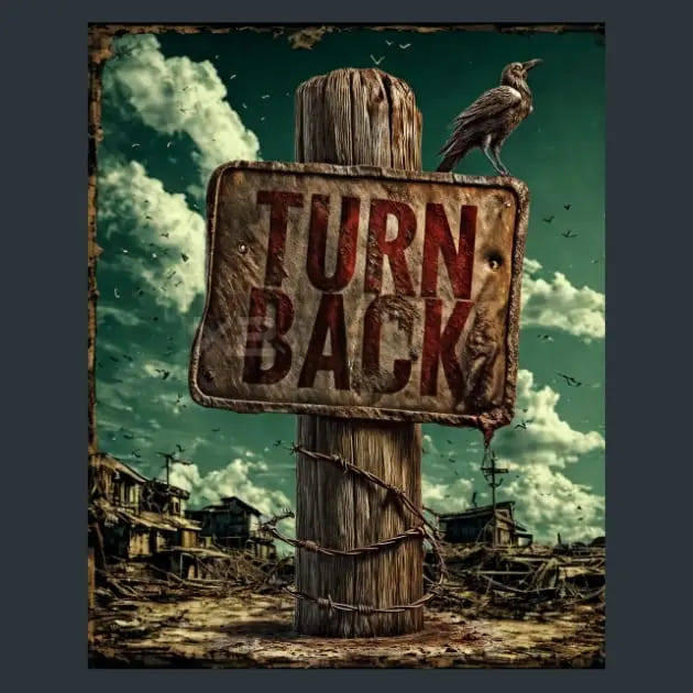 A distressed vintage-style meta l print sign reading 'TURN BACK' mounted on a weathered wooden post, with a bird perched on top. The scene is set in a ruined town under a cloudy teal sky, with debris and damaged buildings in the background.