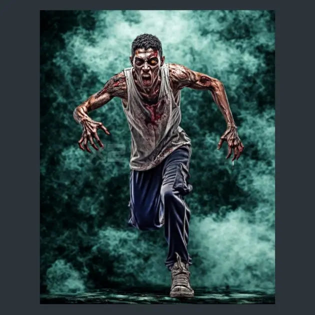 A horror-style metal print artwork of a zombie running forward through smoky green and teal fog, wearing a tattered white tank top, dark pants, and sneakers.