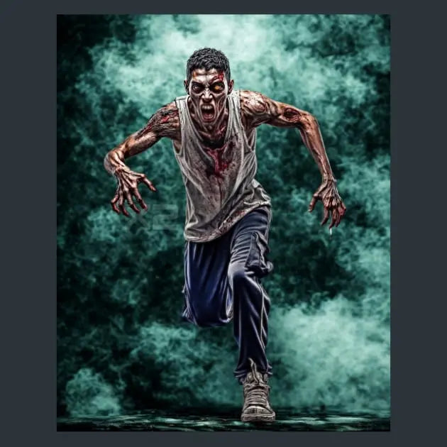 A horror-style metal print artwork of a zombie running forward through smoky green and teal fog, wearing a tattered white tank top, dark pants, and sneakers.