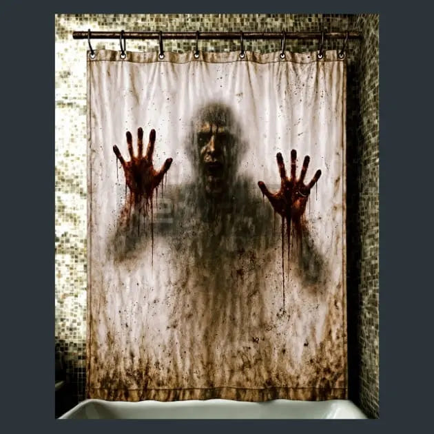 A shower curtain featuring metal print image of a horror-style print of a ghostly face and two blood-splattered hands pressed against a bathroom window, shown hanging in a tiled shower area.