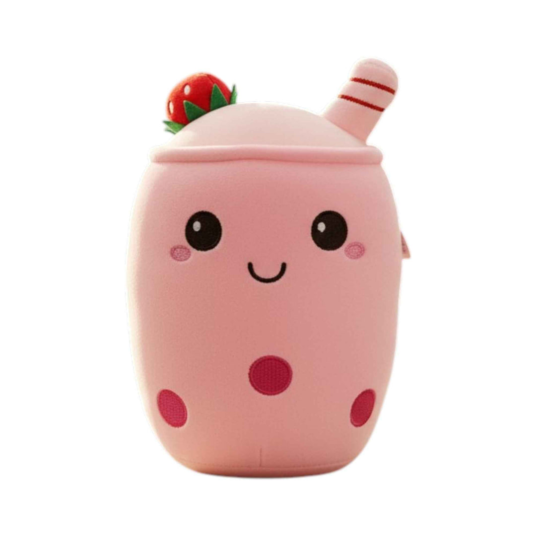 Cute plush toy resembling a pink smoothie with a strawberry on top against a white background