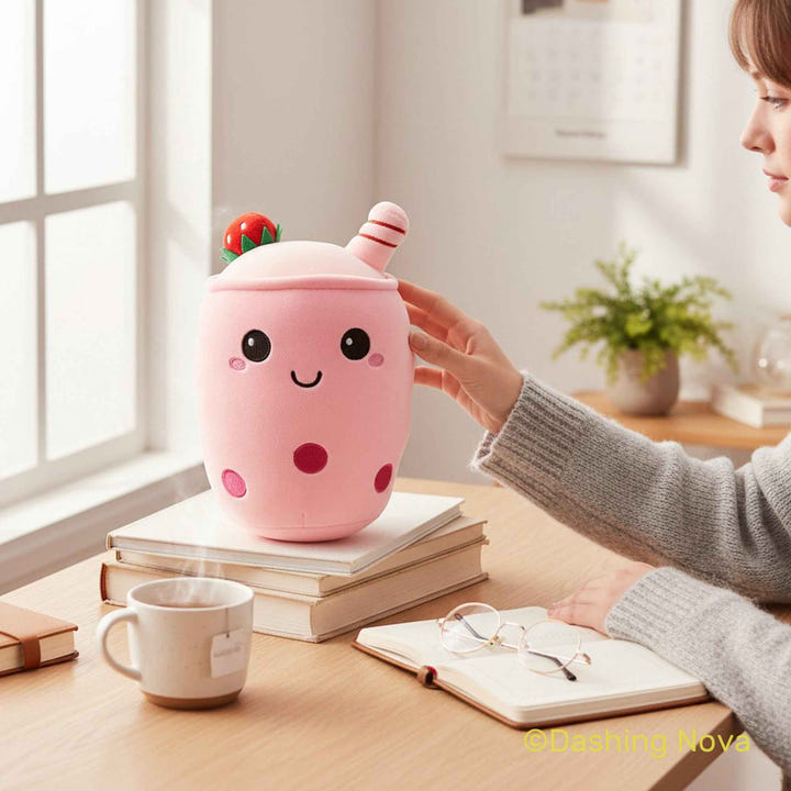 Person holding a pink cartoon-style mug with a cherry on top, sitting at a desk.