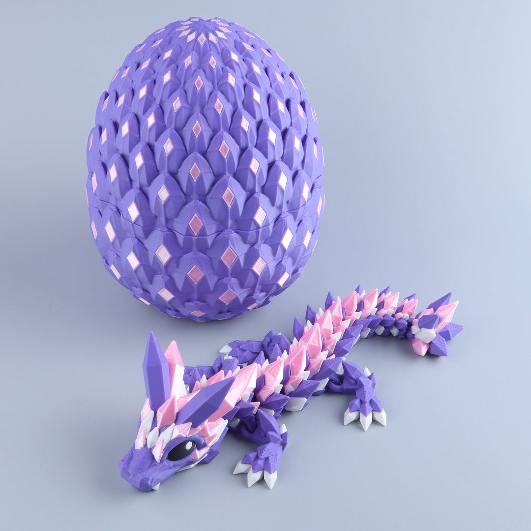 Purple and pink dragon toy with a matching egg on a light purple background