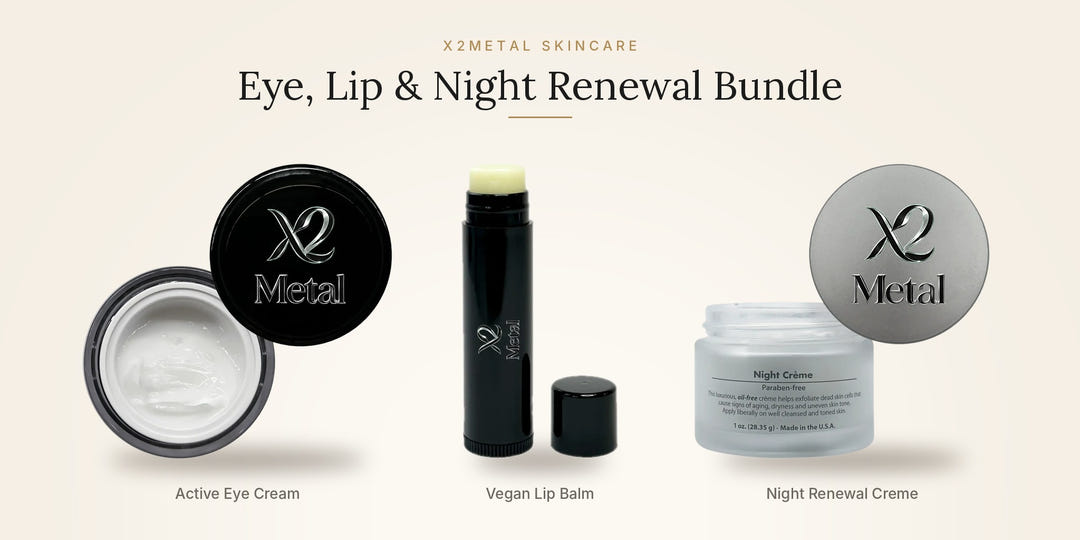 X2 Metal Skincare Eye, Lip & Night Renewal Bundle featuring Active Eye Cream, Vegan Lip Balm, and Night Renewal Creme on a light beige background.