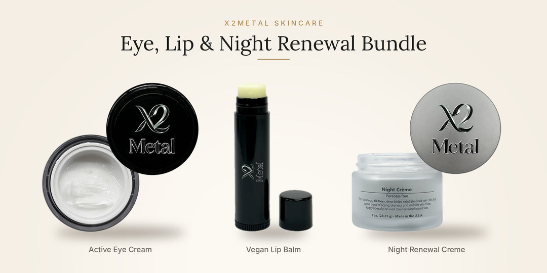 X2 Metal Skincare Eye, Lip &amp; Night Renewal Bundle featuring Active Eye Cream, Vegan Lip Balm, and Night Renewal Creme on a light beige background.