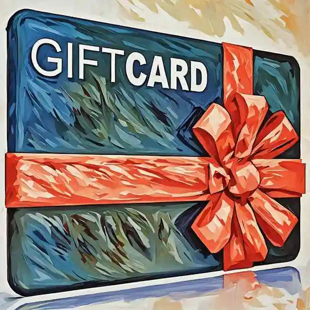 A stylized gift card illustration with the word "GIFT CARD" in white on a blue background, wrapped with a wide red ribbon and large bow.