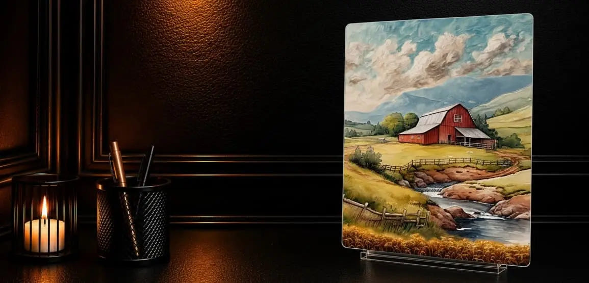 A vertical metal print of  landscape art print depicting a red barn, green fields, and a stream under a cloudy sky, displayed on a clear acrylic stand on a dark wooden surface next to a lit candle and a pen holder.